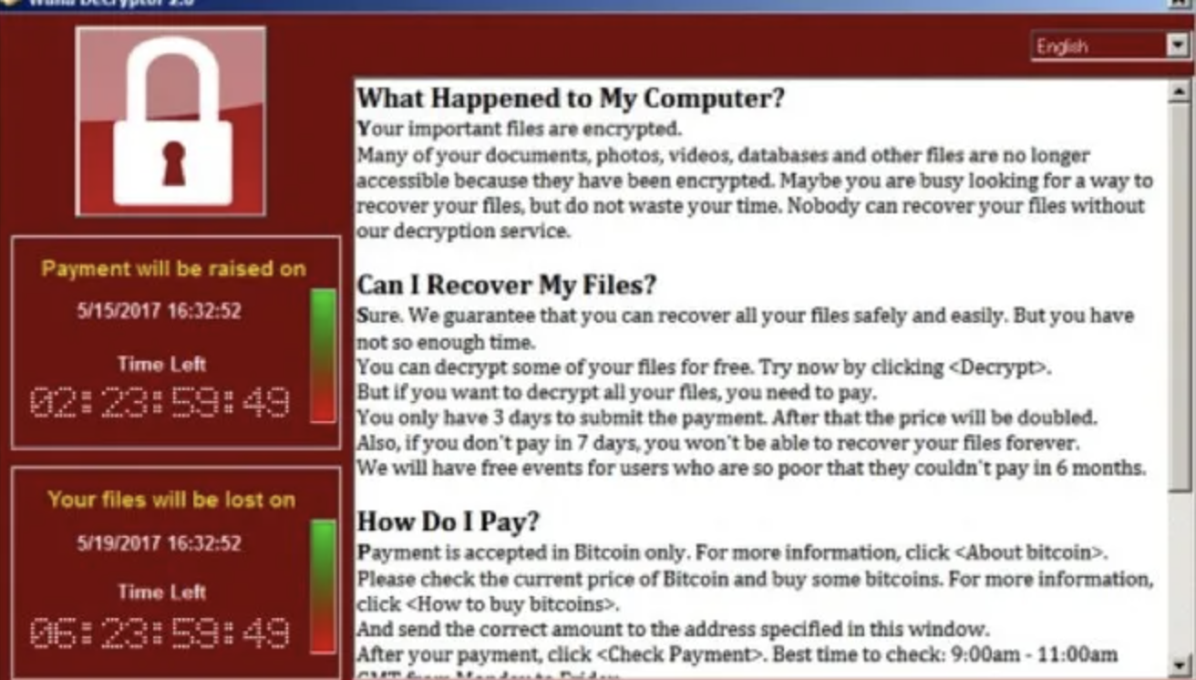 WannaCry attack screen message